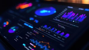 night data analysis dashboard display on tablet, home office background