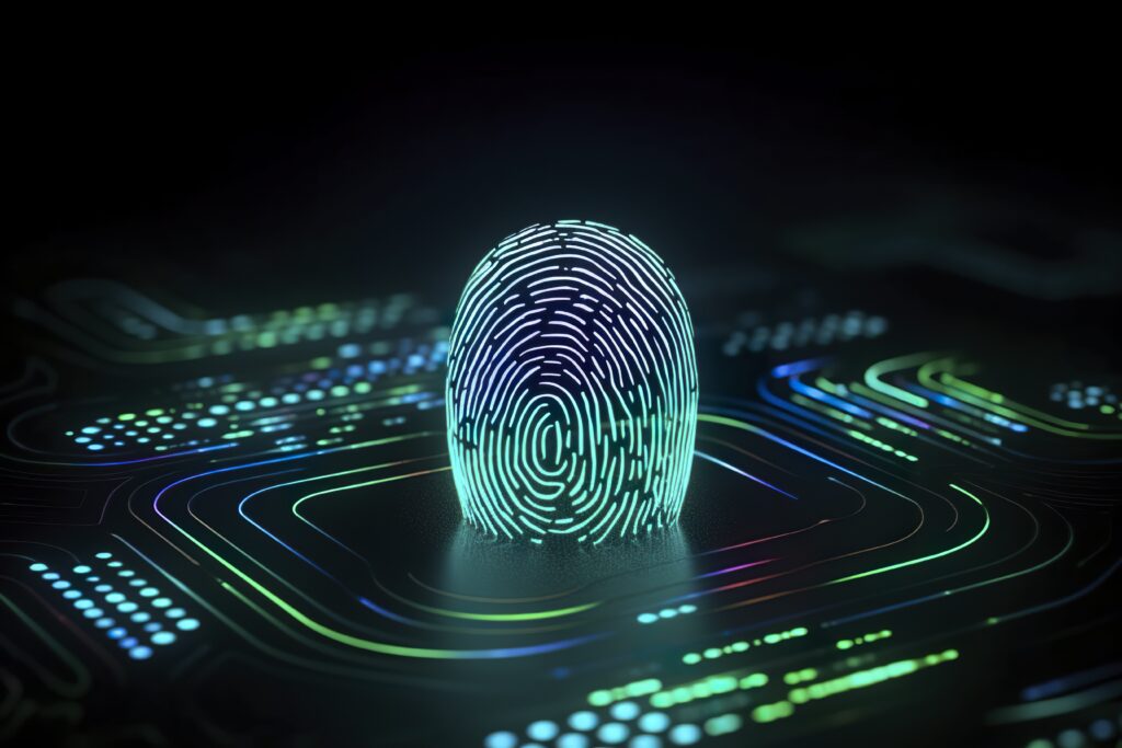 fingerprint authentication button. biometric security. identification and cyber security concept. glowing neon fingerprint on dark background. ai generative